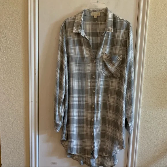 NWT Cloth & Stone long sleeves shirt dress, plaid white Heather gray, size M - Picture 2 of 8